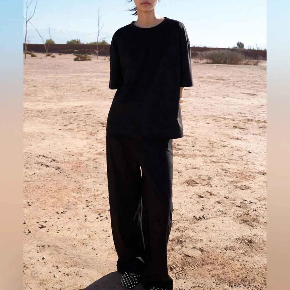 Zara NWT 2 piece matching SET black faux suede tee shirt & wide leg pants